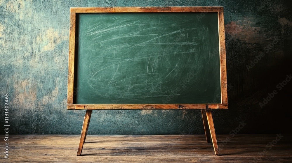 Aufkleber Empty chalkboard on a wooden floor with a textured background representing e-learning and education concepts.
