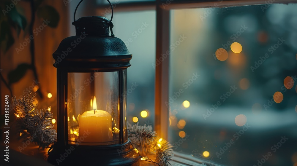 Aufkleber magical winter still life with glowing lantern and golden bokeh lights on window sill creating an at