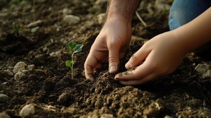 Father and daughter planting a young tree together nurturing nature and family bond in a garden setting
