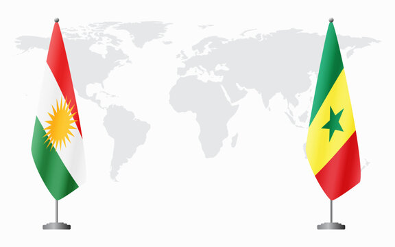 Kurdistan and Senegal flags for official meeting against background of world map.
