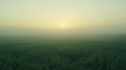 Obraz premium Serene green field at sunrise with fog and soft sunlight creating an idyllic rural scene in a clear sky and pure nature setting