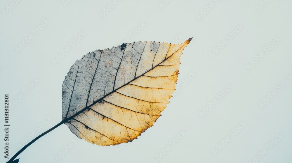 Poster dried autumn leaf on a white background showcasing intricate veining and natural textures for design