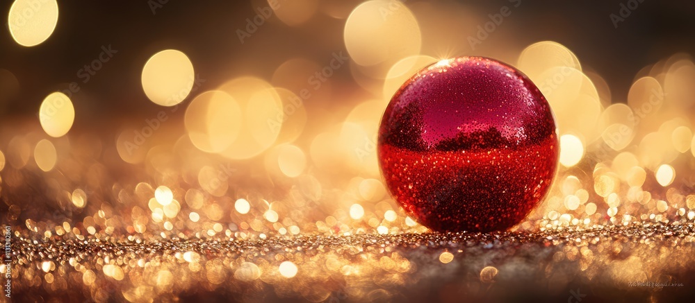 Poster glittering red ornament resting on shimmering golden surface with warm bokeh lights creating a festi