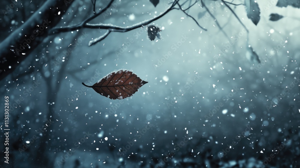 Poster lonely brown leaf drifting through softly falling snow in a tranquil winter landscape with a moody a