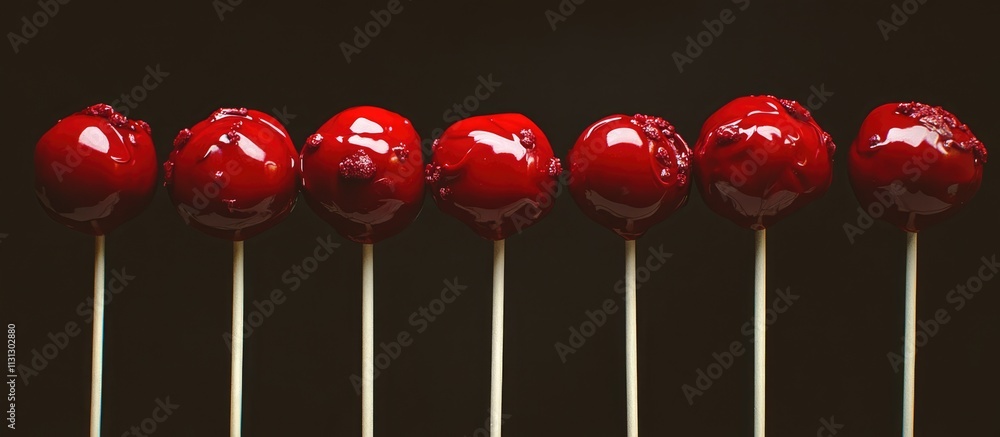 Poster vibrant red cake pops arranged on sticks against a dark background creating an enticing dessert disp