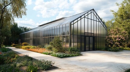 Obraz premium Modern polycarbonate greenhouse for vegetable cultivation surrounded by landscaped gardens and colorful flowers under a blue sky.