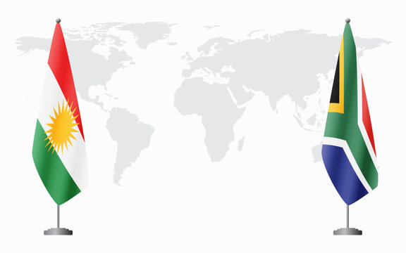 Kurdistan and South Africa flags for official meeting against background of world map.