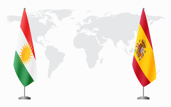 Kurdistan and Spain flags for official meeting against background of world map.
