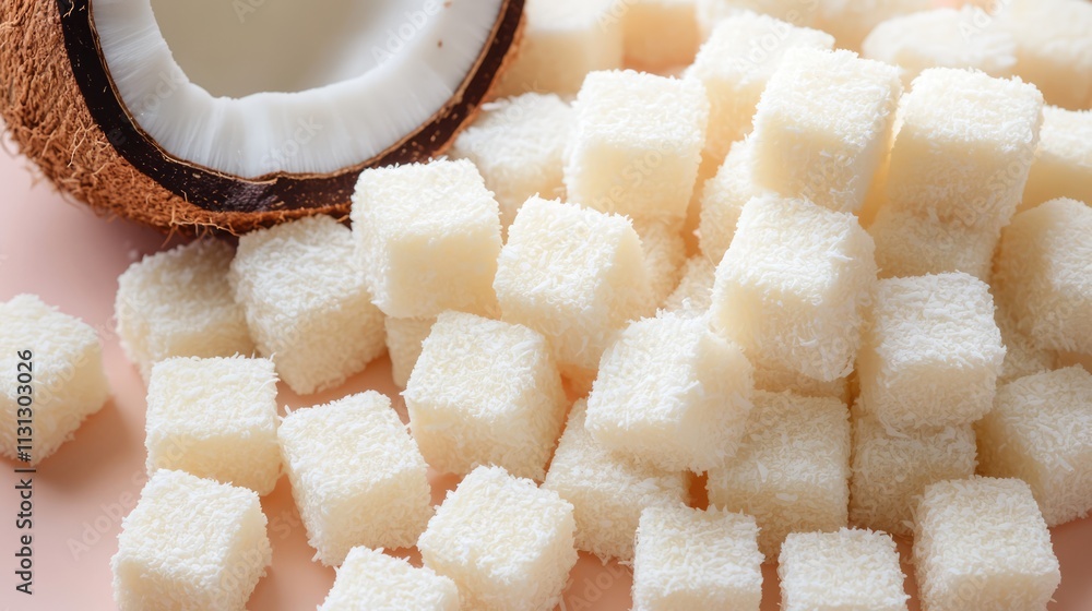 Aufkleber coconut sweet candy cubes scattered on a table with fresh coconut shell in the background showcasing