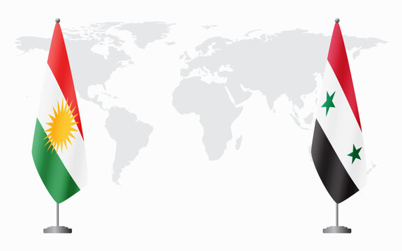 Kurdistan and Syria flags for official meeting against background of world map.
