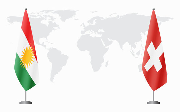 Kurdistan and Switzerland flags for official meeting against background of world map.