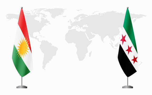Kurdistan and Syria revolution flags for official meeting against background of world map.