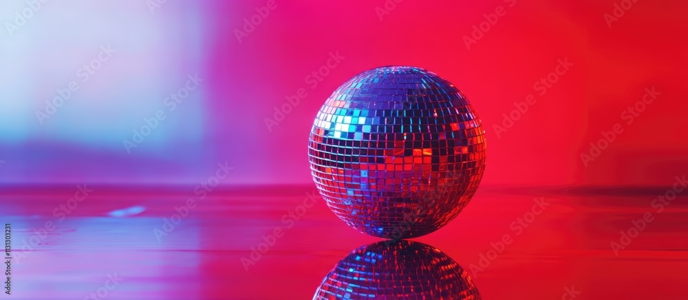 Poster Disco mirror ball with vibrant reflections on a smooth surface against a colorful red and blue gradient background selective focus concept