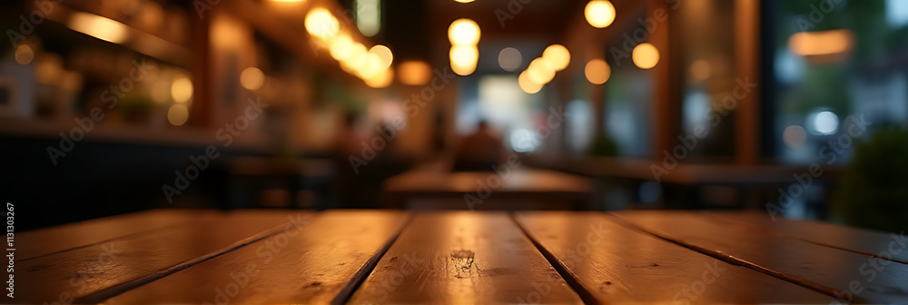 Poster a wood table top with a blurred bokeh light effect in a dark setting of a busy night cafe restaurant