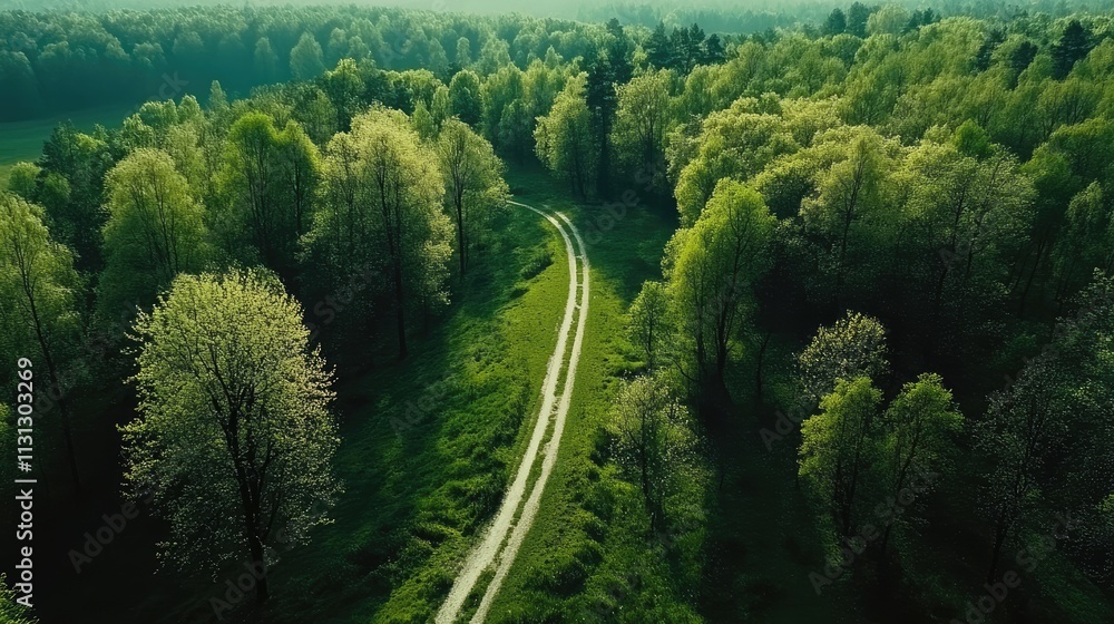 Poster lush green forest landscape in spring captured from above showcasing vibrant trees and a winding pat
