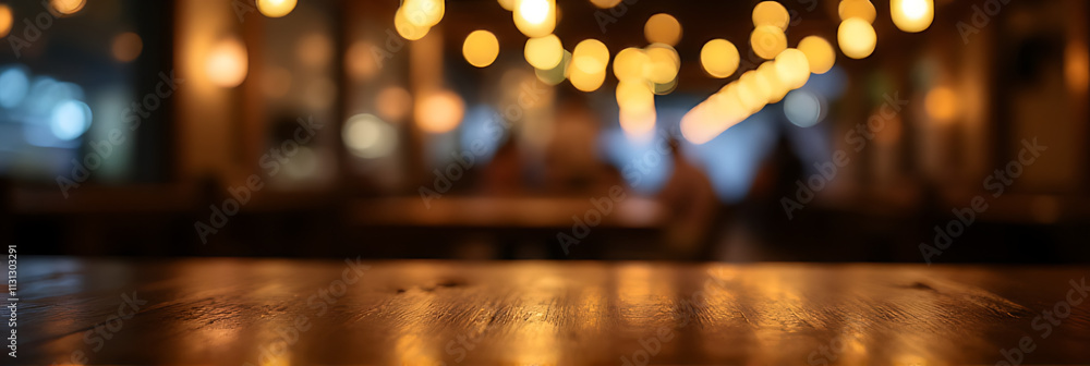Poster a wood table top with a blurred bokeh light effect in a dark setting of a busy night cafe restaurant