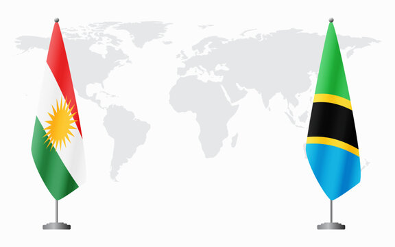 Kurdistan and Tanzania flags for official meeting against background of world map.