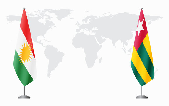 Kurdistan and Togo flags for official meeting against background of world map.