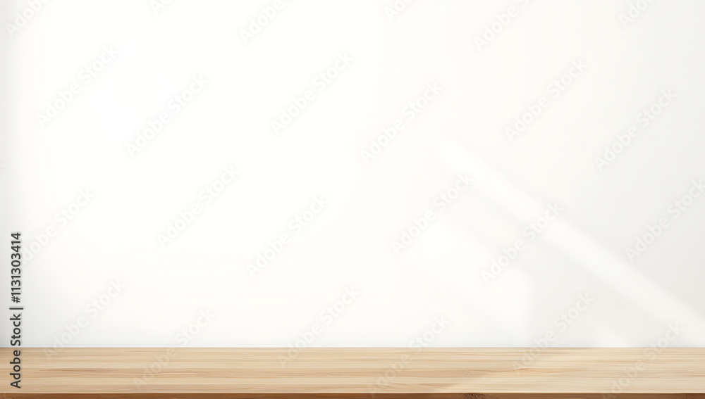 Poster a wood table top rests against a plain white wall with a subtle texture in the background._00003_