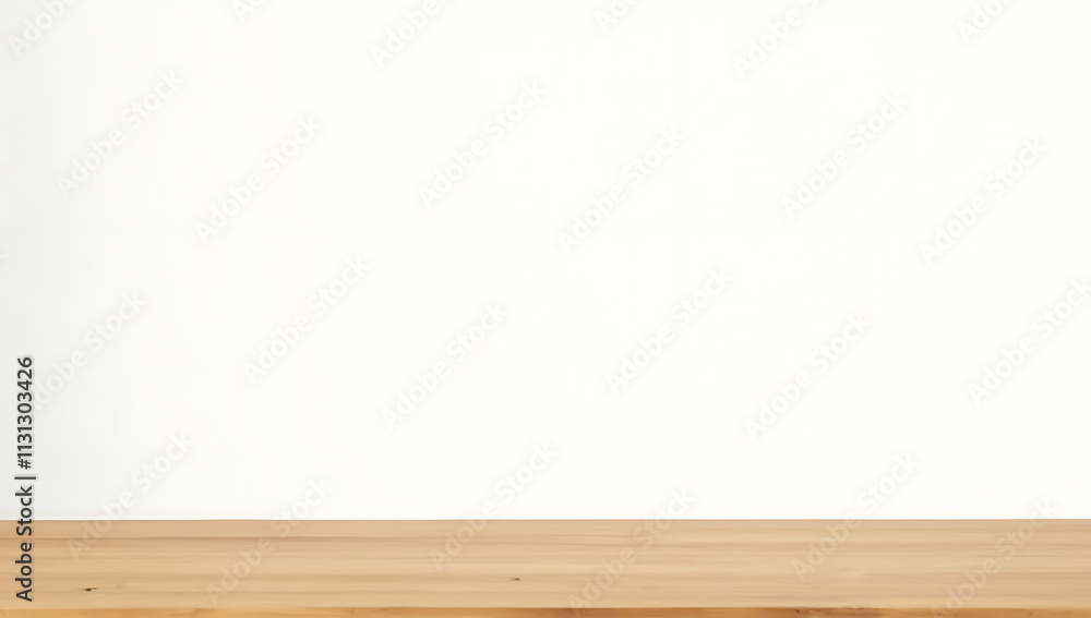 Poster a wood table top rests against a plain white wall with a subtle texture in the background._00001_