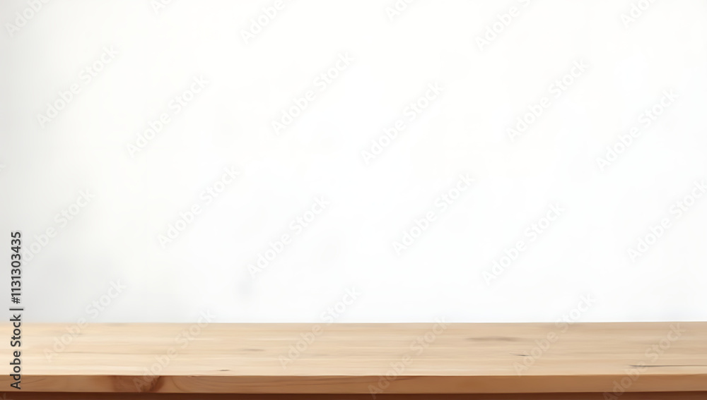 Poster a wood table top rests against a plain white wall with a subtle texture in the background._00002_