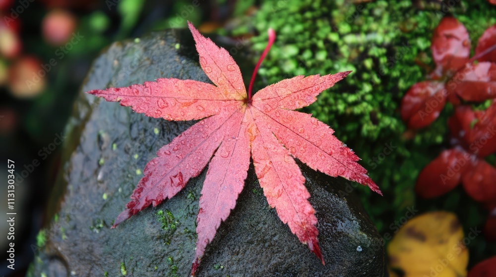 Aufkleber vibrant red leaf adorned with dew resting on a mossy rock symbolizing nature's beauty and the essenc