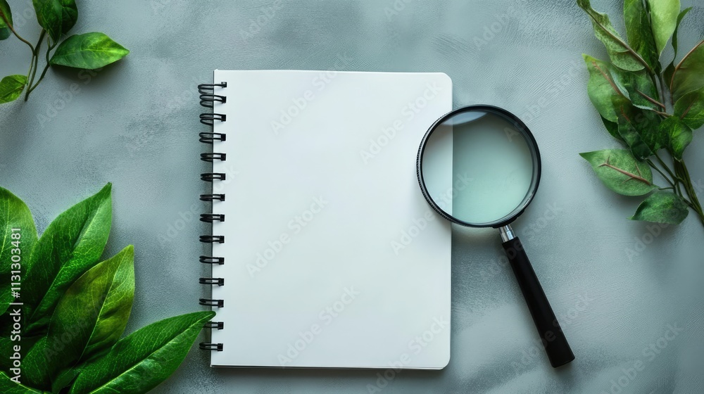 Poster Magnifying glass and blank notebook surrounded by greenery on flat surface with ample space for text or creative ideas