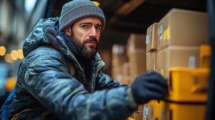 Delivery driver loading packages into van for distribution