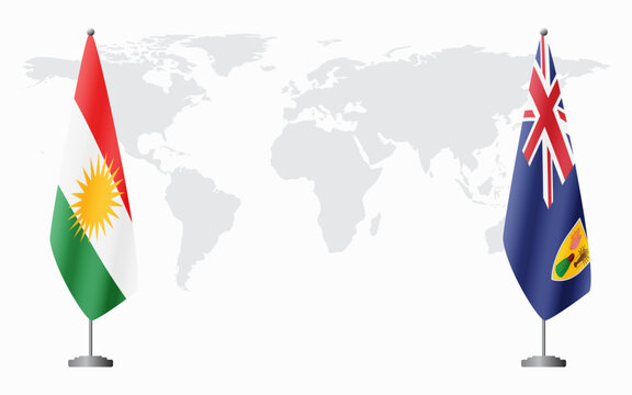 Kurdistan and Turks and Caicos flags for official meeting against background of world map.