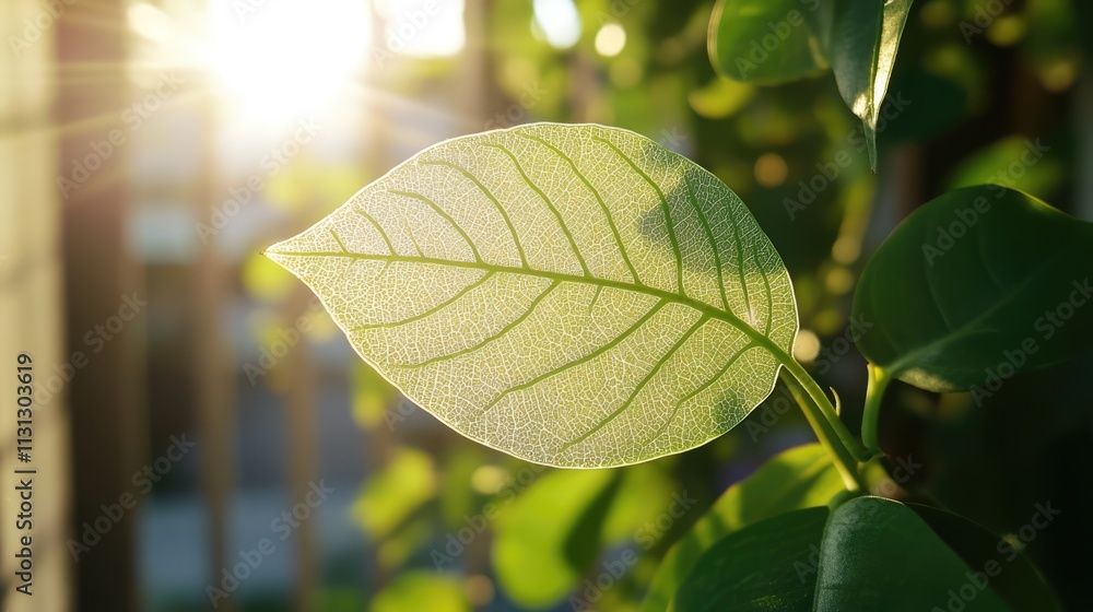 Poster sunlit transparent leaf caught on fence with backlight showcasing intricate veins and vibrant greene