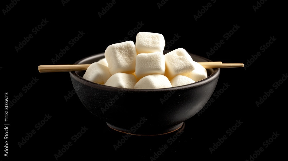Poster white marshmallows arranged in a black bowl with skewer perfect for festive gatherings and dessert e