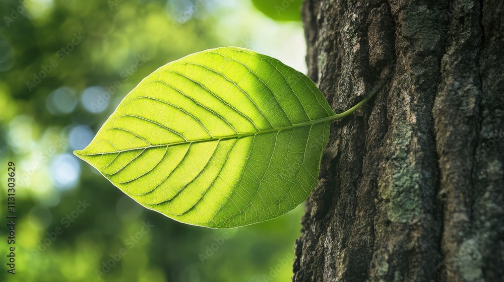 Poster vibrant green leaf attached to a textured tree trunk in a serene natural setting showcasing the beau