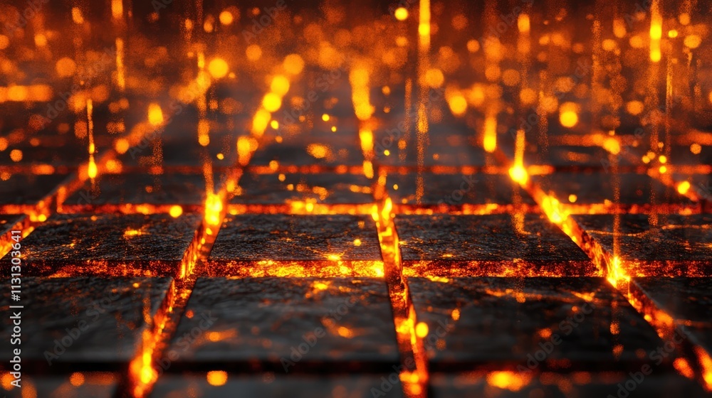 Poster glowing ember texture beneath a grid pattern with fiery particles and warm illumination for backgrou