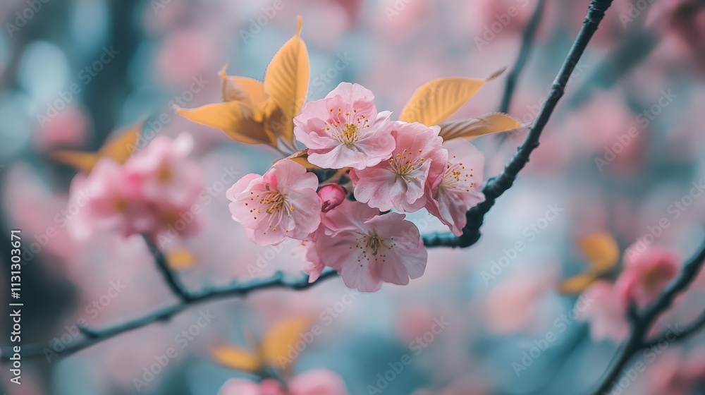 Poster cherry blossom branches against a soft focus spring sky with hints of gloom and warmth creating a se