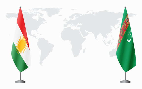 Kurdistan and Turkmenistan flags for official meeting against background of world map.