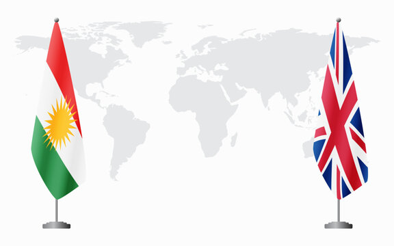 Kurdistan and United Kingdom flags for official meeting against background of world map.