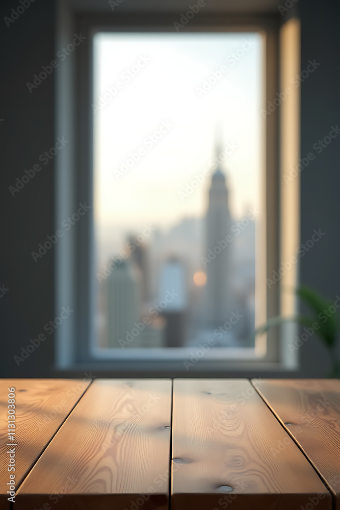 Poster a wood table top is situated in front of a blurred city view through a window surrounded by a wall._