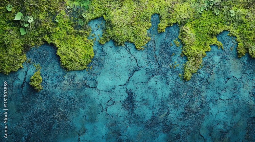 Poster mossy blue abstract background with cracked texture and greenery for nature and design projects