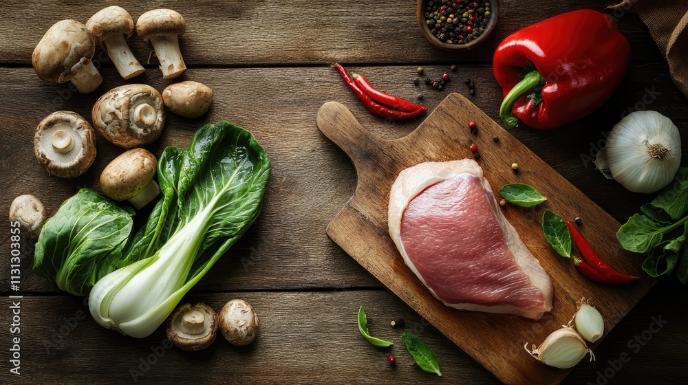 Poster raw duck breast and organic vegetables ready for soup preparation on a rustic wooden table with a cu