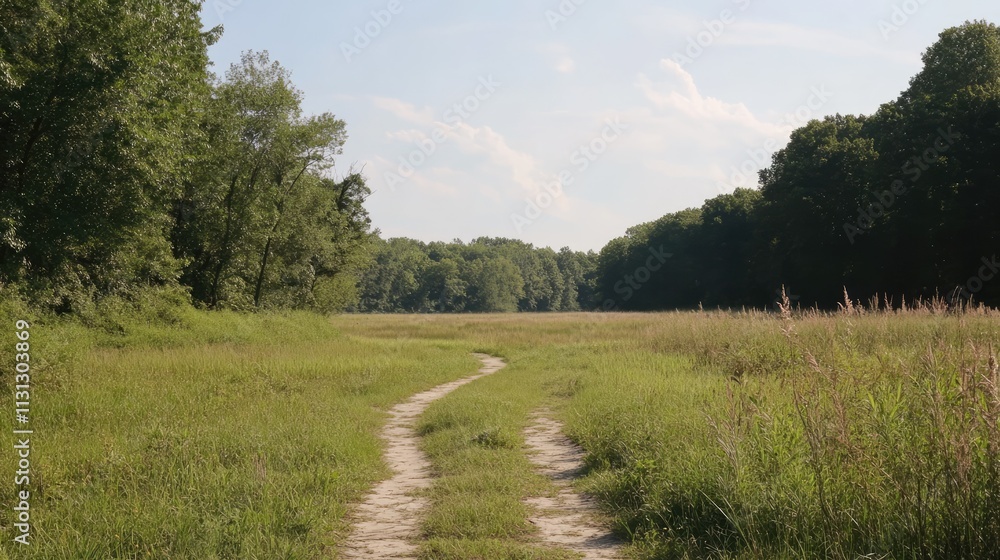 Poster marsh state wildlife area tranquil landscape with winding path through lush green grass and trees un