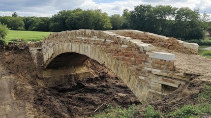 Historic brick bridge undergoing restoration with scaffolding and earthworks visible in natural landscape.