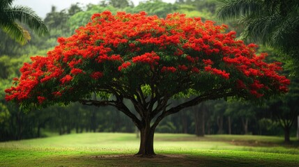 Vibrant green tree adorned with striking red flowers in a serene park setting surrounded by lush greenery and soft sunlight.