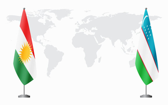 Kurdistan and Uzbekistan flags for official meeting against background of world map.