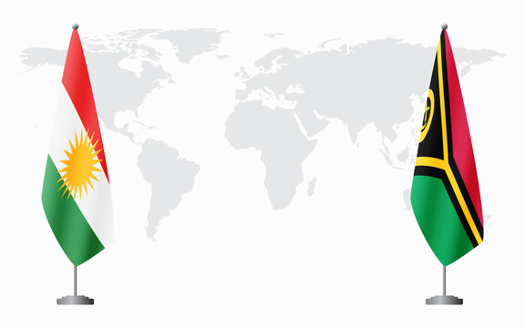 Kurdistan and Vanuatu flags for official meeting against background of world map.