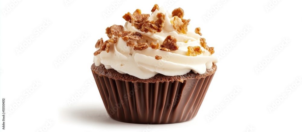 Poster chocolate cupcake with cream frosting and crispy topping on a white background showcasing dessert ap