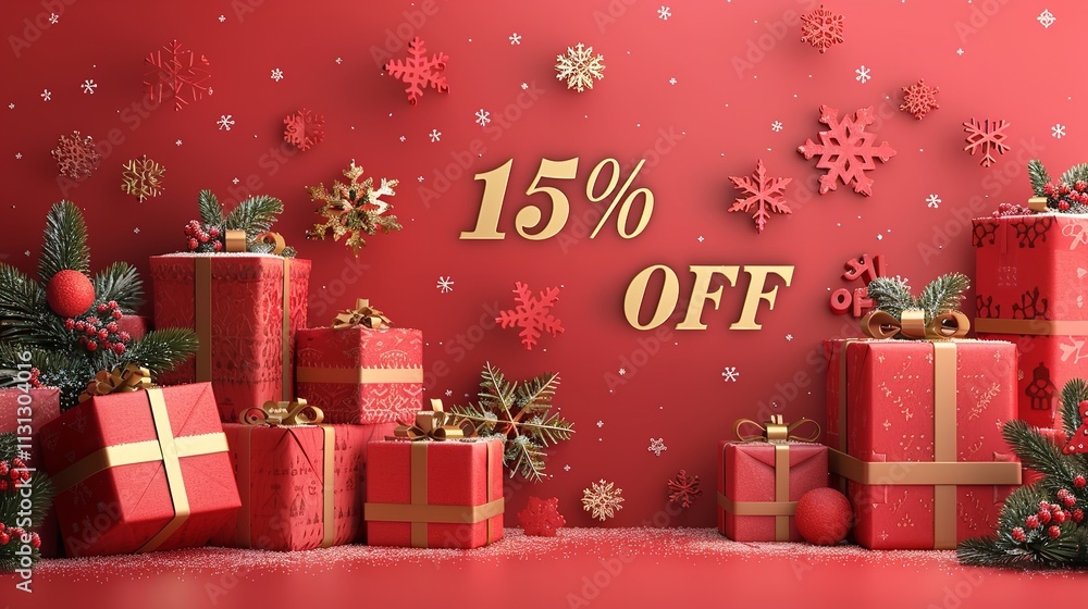 Poster festive shopping is occurring in this 3d winter scene consisting of snowflakes and presents over red