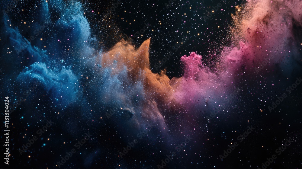 Aufkleber colorful dust cloud explosion on black background creating an abstract artistic design of vibrant mo