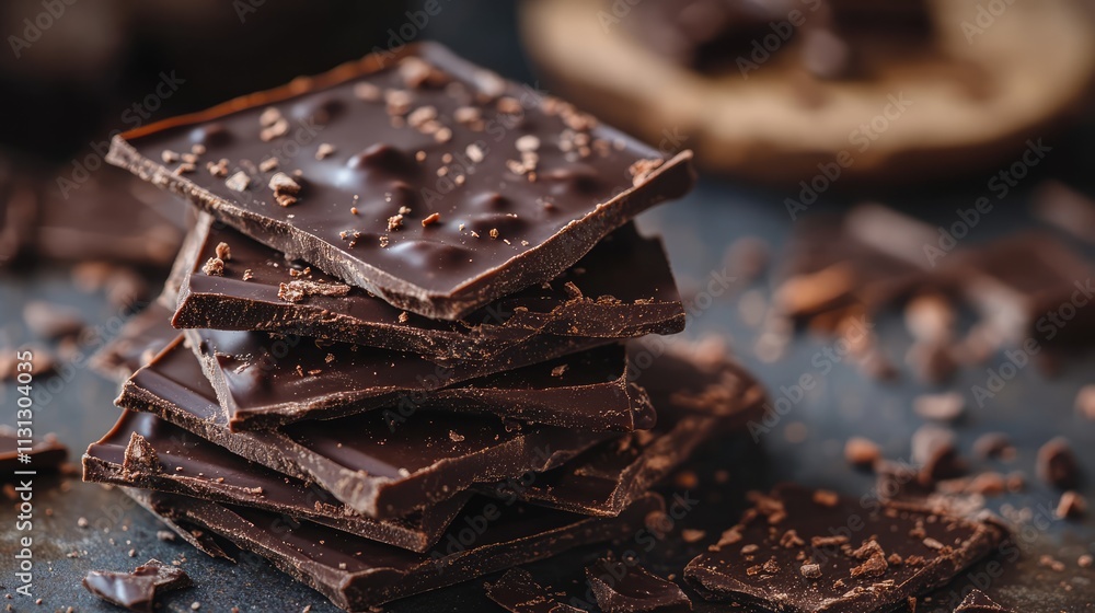 Aufkleber stacked layers of rich dark chocolate wafer on a rustic table setting with scattered chocolate shavings and a blurred background