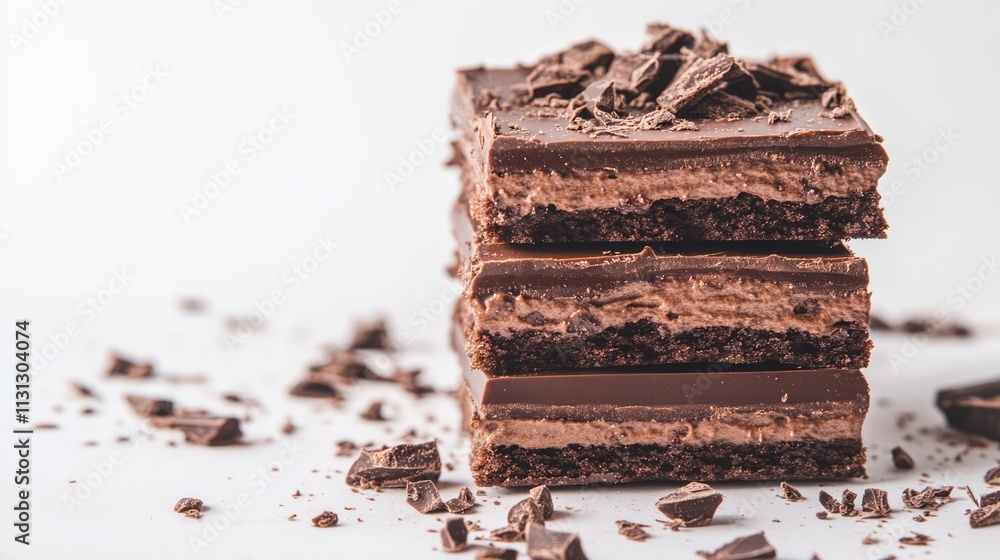 Poster layered chocolate cake dessert with rich cocoa frosting on a white background showcasing indulgent p