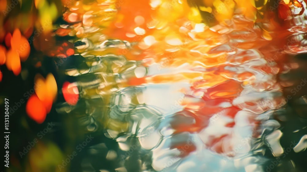 Poster Vibrant blurred bokeh background with colorful autumn tones and shimmering water reflections creating a dreamy and serene atmosphere